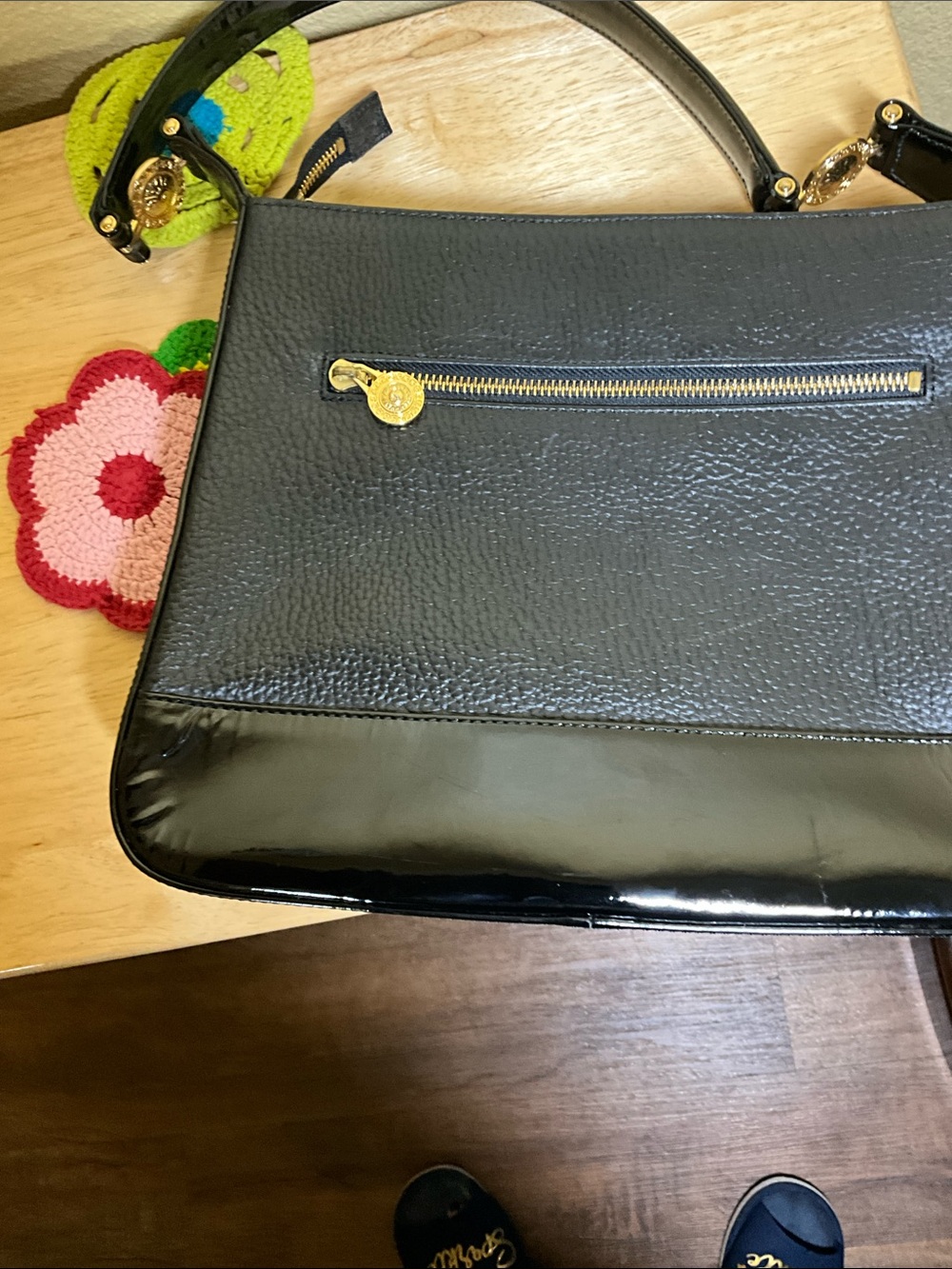 Versace Sunburst Black Pebbled Leather Shoulder Bag - Picture 12 of 12